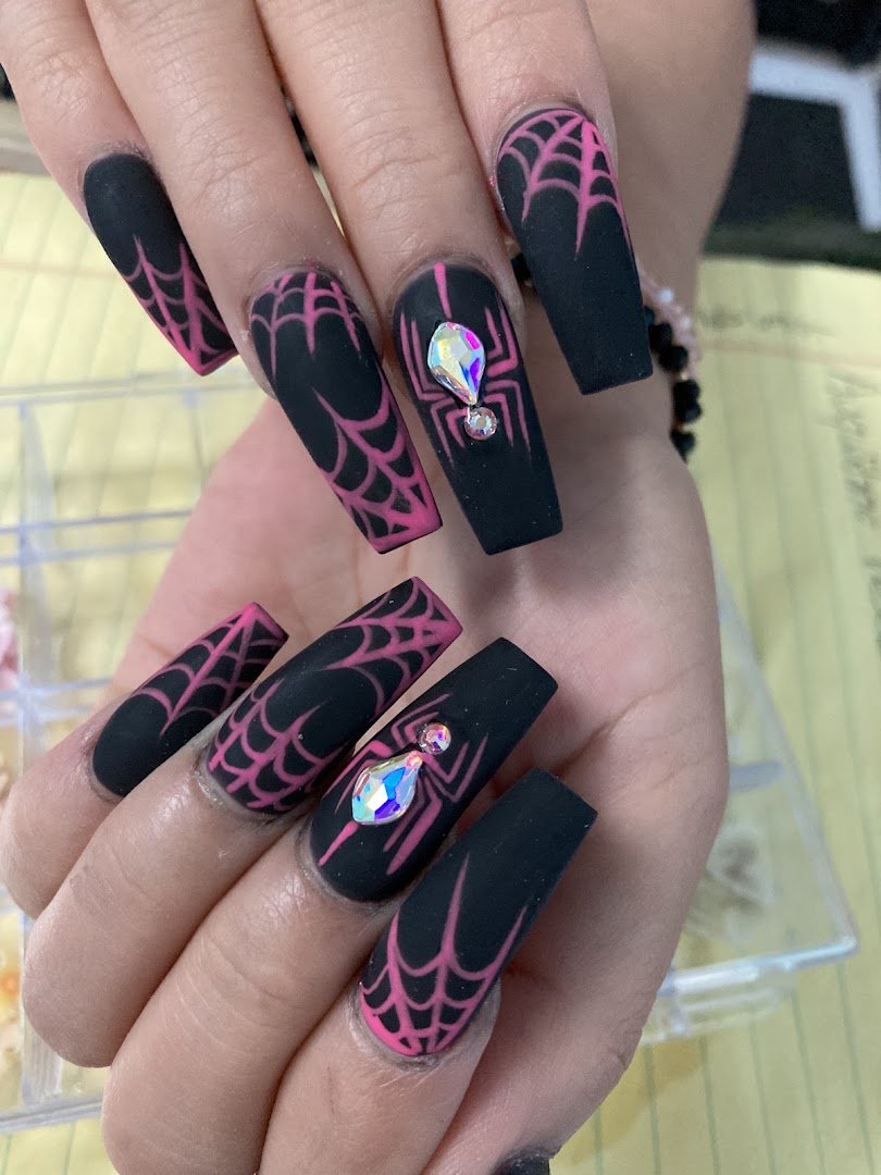 Salon station with nail tools and polish.