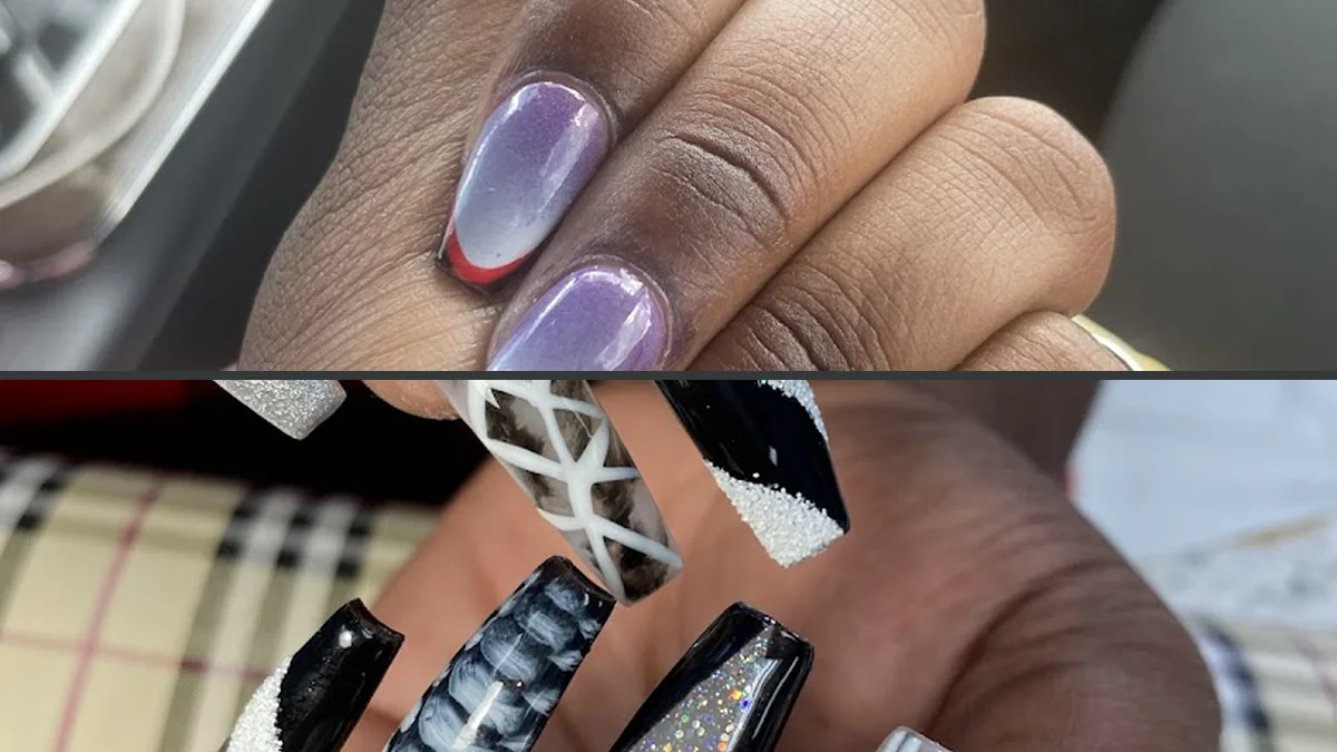 Manicured hands with glossy nail polish.
