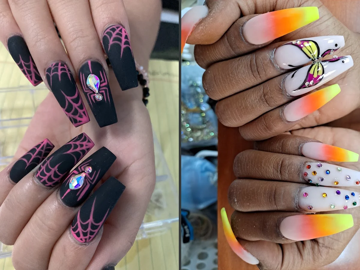 Nail technician shaping nails at a salon table.
