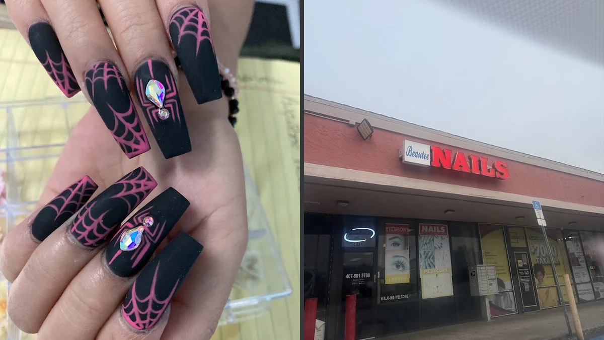 Salon station with nail tools and polish.